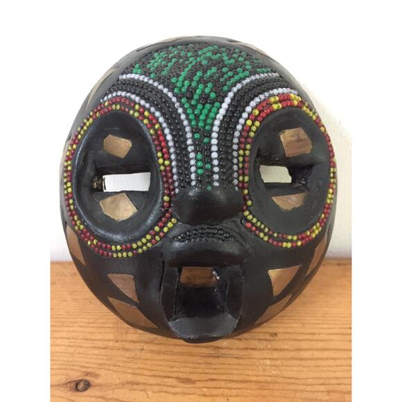 Vtg Ghana Kenyan African Beaded Brass Wood Carved Tribal Face Mask Wall Decor 6